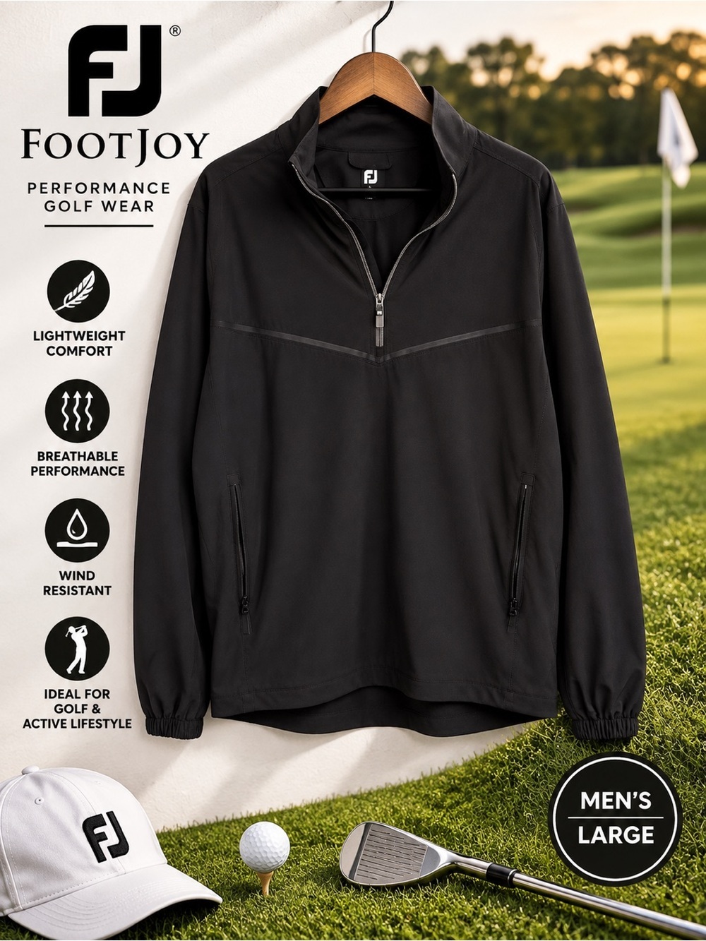 FootJoy Men’s Large Black Golf Performance Quarter Zip Wind Pullover Jacket